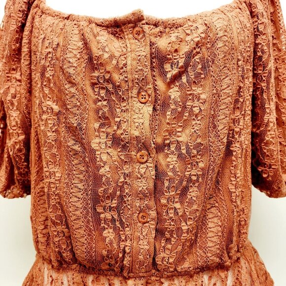 Rust Lace Peplum Blouse With Puff Sleeves & Satin Back-Tie Detail Size L - Picture 10 of 14